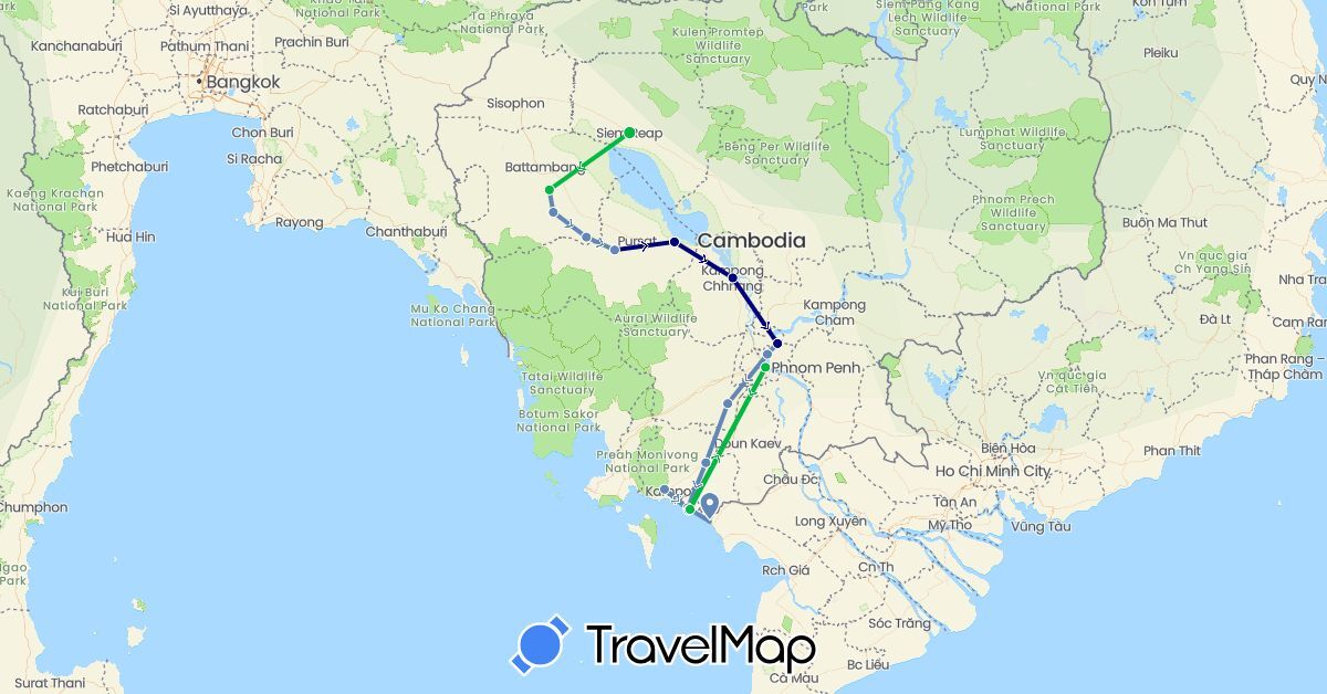 TravelMap itinerary: driving, bus, cycling in Cambodia, Vietnam (Asia)